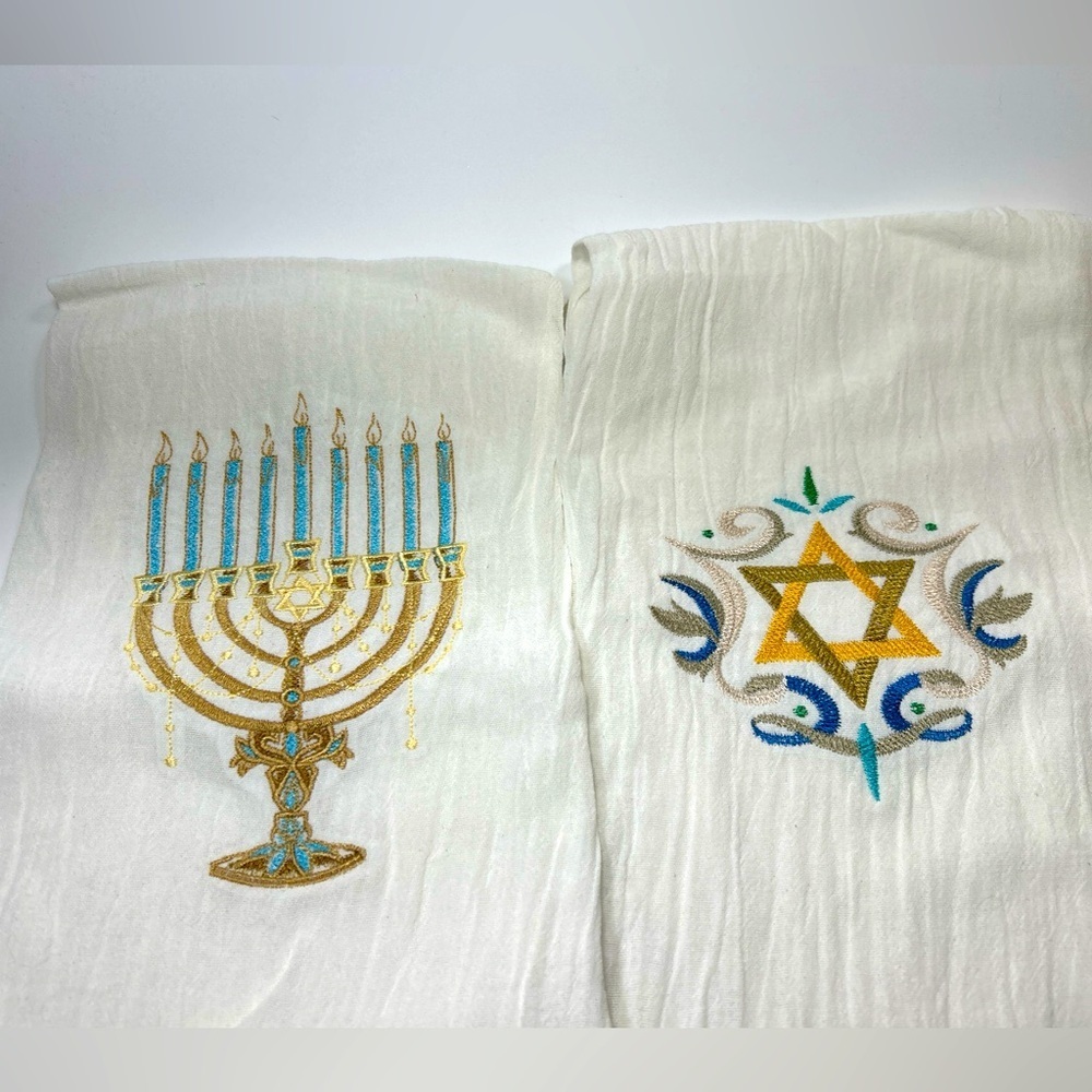 Embroidered tea towel set menorah and Star of David Judaism